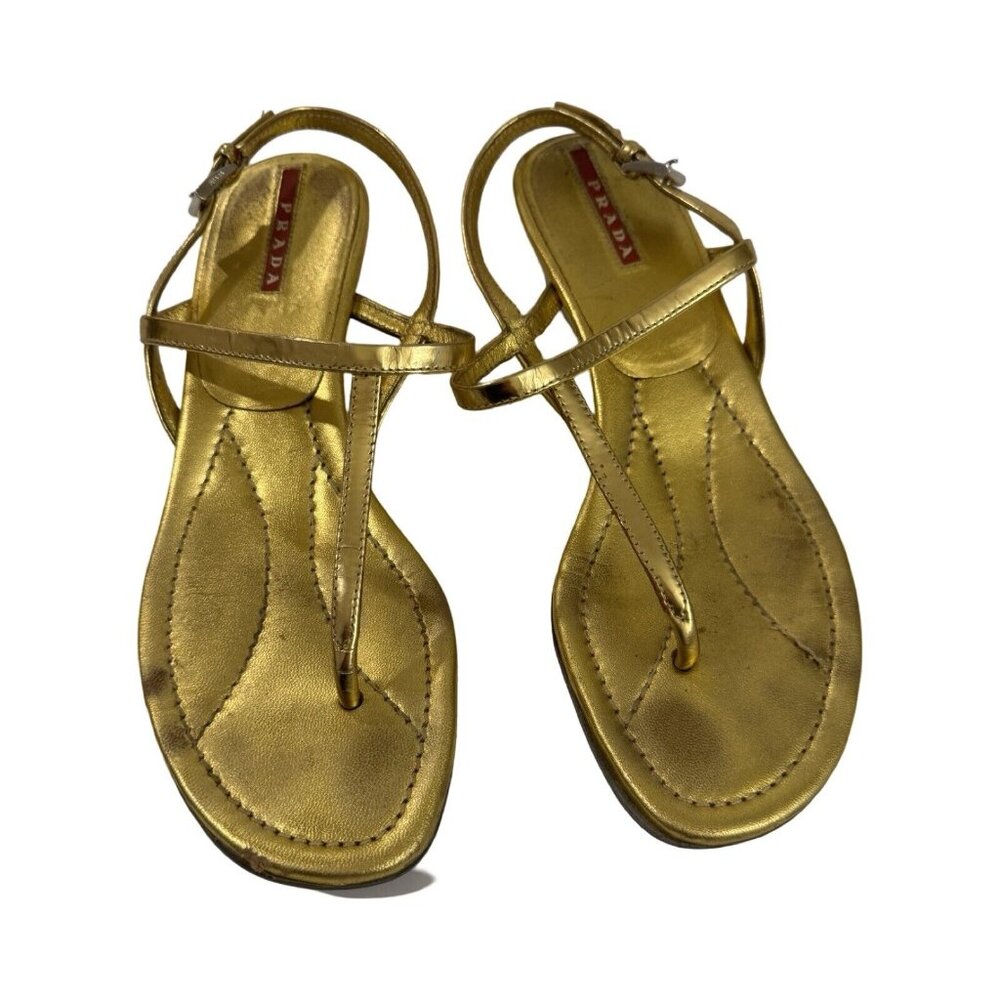 PRADA Gold Thong Wedge Sandals Size 6-7
